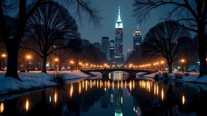 Park and river on a winter night with the city as a backdrop