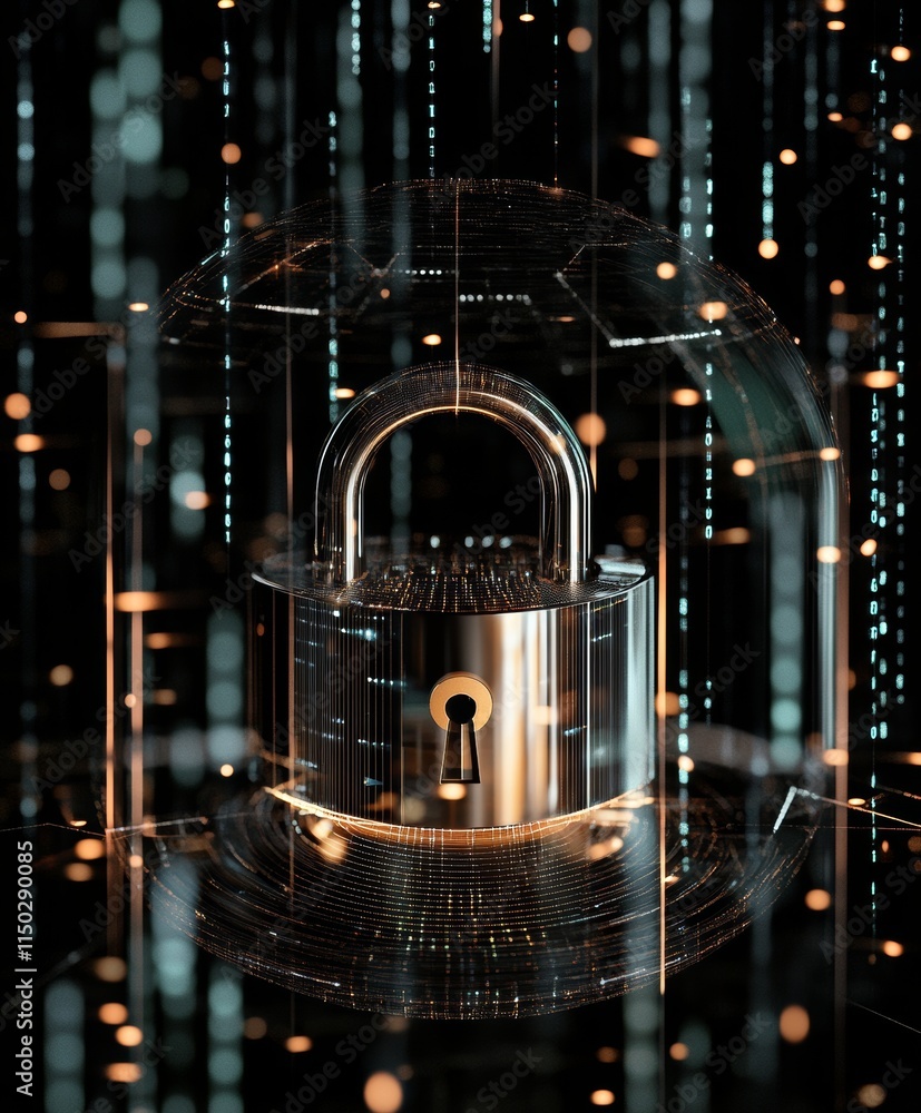 Poster security lock surrounded by digital data streams represents encryption and cybersecurity in a modern