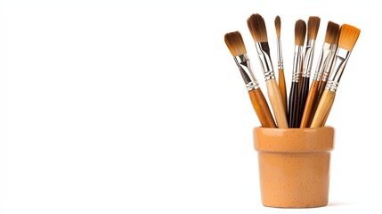 A collection of paintbrushes in a terracotta pot, perfect for artists and creative projects.