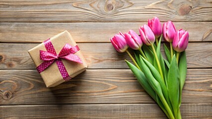 Fototapeta premium A rustic wooden background featuring a gift wrapped in kraft paper with a polka dot ribbon and a bouquet of pink tulips.