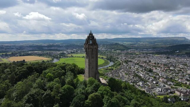 Breathtaking aerial views of The National Wallace Monument in Stirling, Scotland.