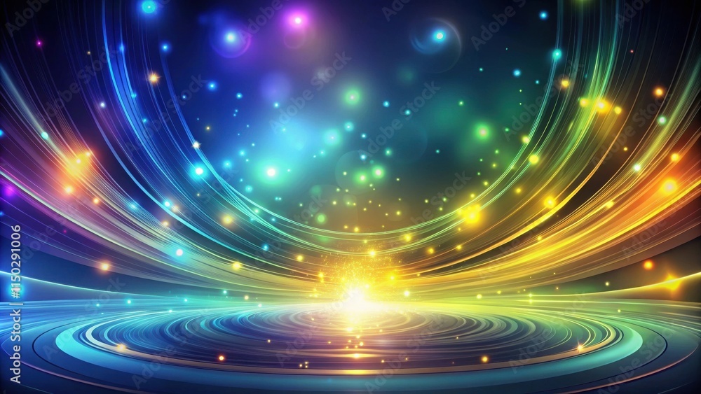 Poster abstract swirling light trails converge on a glowing central point creating a vibrant, energetic cos