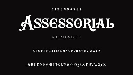 Craft vintage typeface design. Graphic display alphabet. Fantasy type letters. Latin characters, numbers. Vector illustration. Old badge, label, logo template.
