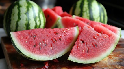 Juicy watermelon slices on a wooden board.