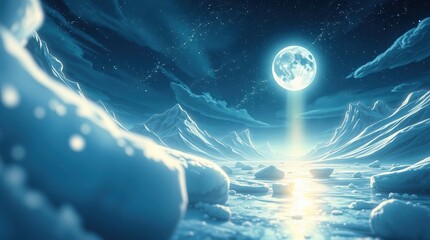 Futuristic icy landscape with a large moon and glowing horizon at dawn