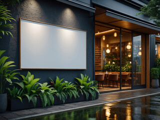 A cozy restaurant storefront featuring a large blank white billboard sign on a dark textured wall.