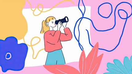 Obraz premium Girl Uses Binoculars to Explore New Horizons, Discovering Hidden Wonders in Nature's Embrace.