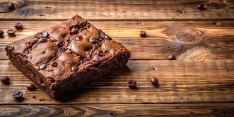 Fototapeta premium Delicious Chocolate Brownie with Coffee Beans on Rustic Wooden Surface