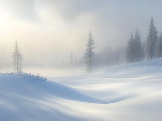 Fototapeta premium Winter fog rolling over a quiet snow-covered meadow with distant trees