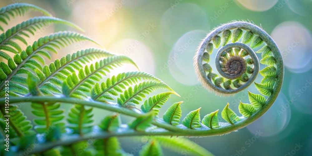 Poster a vibrant fern unfurls, showcasing the intricate spiral of a new frond emerging in soft sunlight.