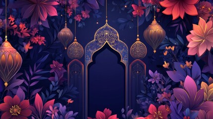 Illustration of Islamic theme design with floral motives for Ramadhan and Eid Fitri celebration
