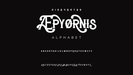 Craft vintage typeface design. Graphic display alphabet. Fantasy type letters. Latin characters, numbers. Vector illustration. Old badge, label, logo template.