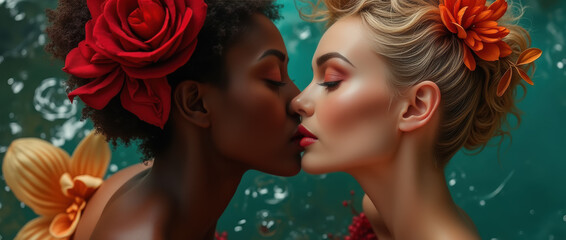 Obraz premium Two women in a romantic bond amid warm and cool hues.