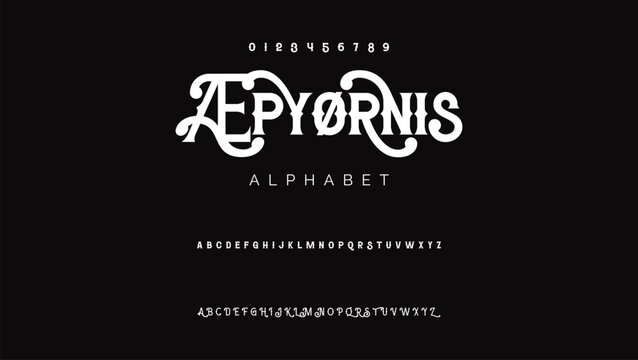 Craft vintage typeface design. Graphic display alphabet. Fantasy type letters. Latin characters, numbers. Vector illustration. Old badge, label, logo template.