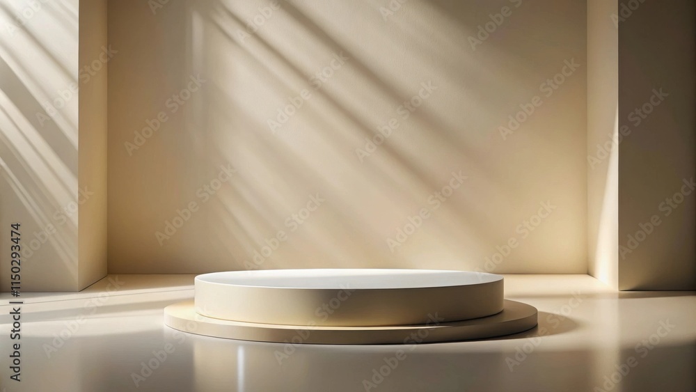 Aufkleber Minimalist Beige Room with Circular Display Platform and Sunlight Streaming Through Window