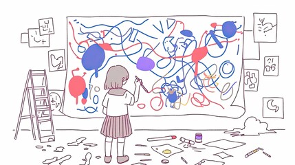 Obraz premium Child Artist Creating Abstract Artwork, Colorful Lines and Shapes, Messy Studio, Expressive Painting Process, Creative Energy