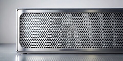 Close-up of a sleek metallic device with a perforated metal grille