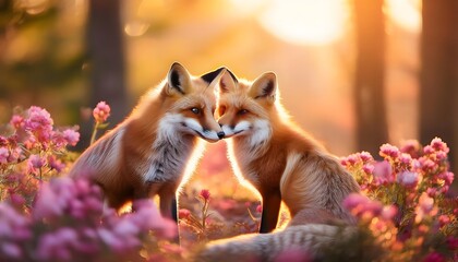 Two Red Foxes in Sunset Love Nature Wildlife Flowers