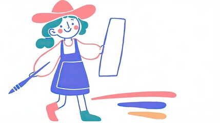 Happy Girl Artist Holding Canvas and Paintbrush,  Illustrative Style Artwork with Pastel Colors.