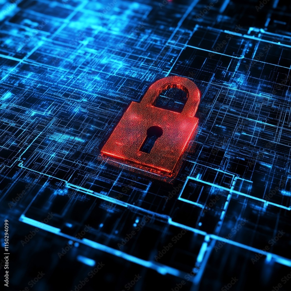 Aufkleber digital lock symbol against a futuristic blue data grid representing cybersecurity and digital safet