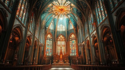 Grand cathedral interior, stained glass, sunlit.