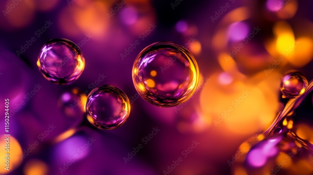 Poster colorful bubbles float in a vibrant background of purple and orange, creating an abstract visual eff
