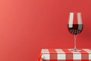 A pixel art wine glass with bright red liquid, set on a checkered tablecloth with retro-style...