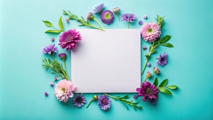 Blank card surrounded by vibrant purple and pink flowers on a teal background