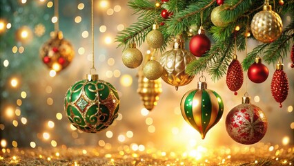 Sparkling Festive Ornaments Adorn a Christmas Tree Branch with a Golden and Green Theme