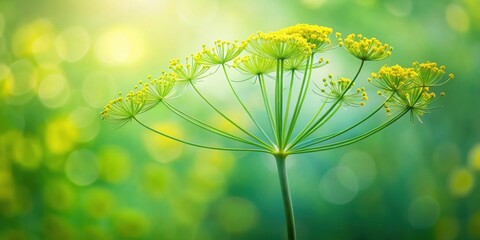 A delicate umbelliferous plant displays its vibrant yellow blossoms against a softly blurred green backdrop