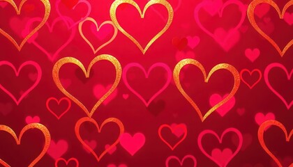 Pattern of intertwined heart outlines in gold, pink, and red for Valentine&rsquo;s backgrounds.