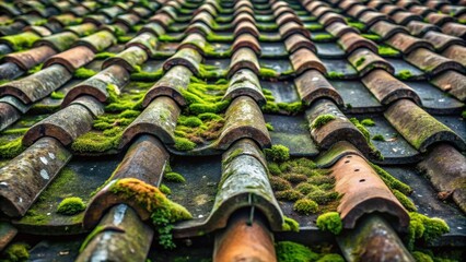 Close-up View of a Weathered Tile Roof Covered in Lush Green Moss