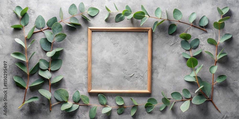 Poster simple wooden frame adorned with lush green eucalyptus branches on a textured gray surface.