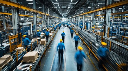 Busy Factory Floor with Workers and Equipment in Motion