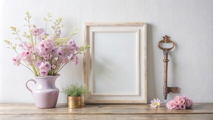 Rustic wooden table setting with pink flowers in a vase, a blank frame, and a decorative key