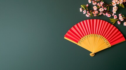 Colorful fan and cherry blossoms arranged on a dark background create a serene aesthetic.