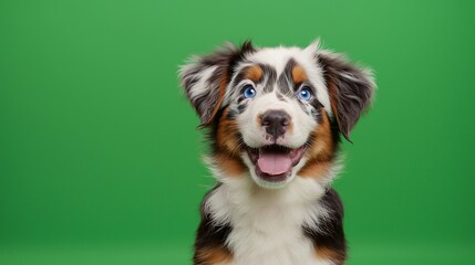 Fototapeta premium Playful puppy with blue eyes against a green background.