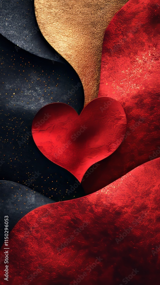 Poster heart shape surrounded by textured layers of red, gold, and black, creating an artistic representati