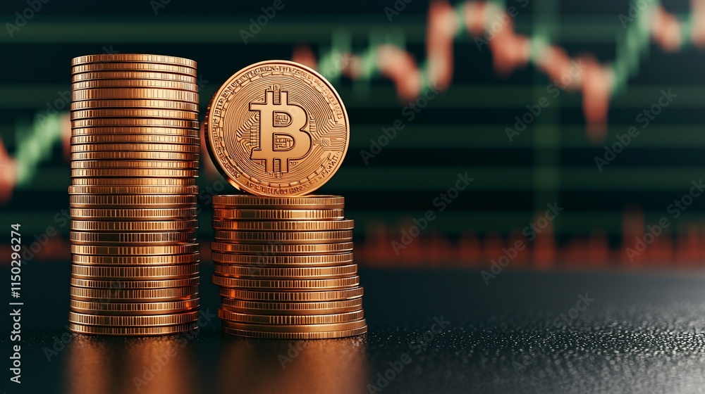 Poster stacks of bitcoin coins with a fluctuating price chart in the background, symbolizing cryptocurrency