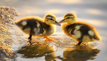Adorable Ducklings at Golden Hour Water Reflection