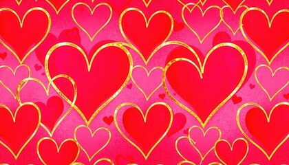 Pattern of intertwined heart outlines in gold, pink, and red for Valentine&rsquo;s backgrounds.