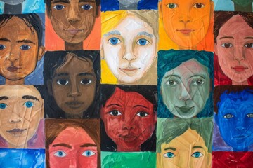 A painting of many faces with different colors and styles