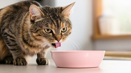 Cat drinking from a pink bowl, showcasing its playful and curious nature in a bright indoor setting.