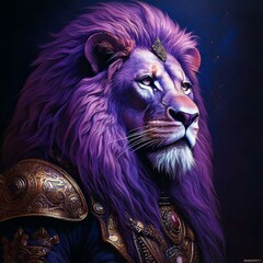 close-up photo of the purple lion king in battle armor. Generate Ai