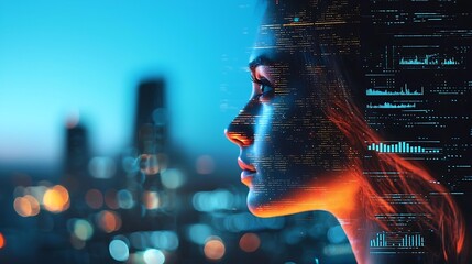 Woman s Face with Futuristic Data Overlay City Lights Background