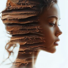 Surreal portrait of a beautiful woman made of chocolate, side view, double exposure photography