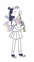 Schoolgirl serenades with a flute, illustration in a hand-drawn style,  backpack included, joyful expression.