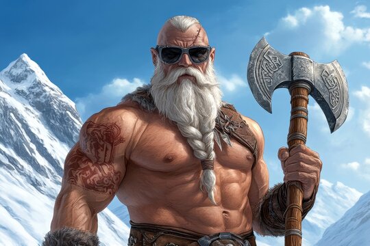 A rugged dwarf warrior with a braided beard, holding a massive axe, standing in a snowy mountain pass