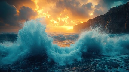Fototapeta premium Ocean waves crash against cliff at sunset.