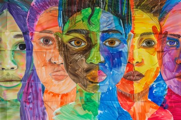 A painting of many faces with different colors and styles